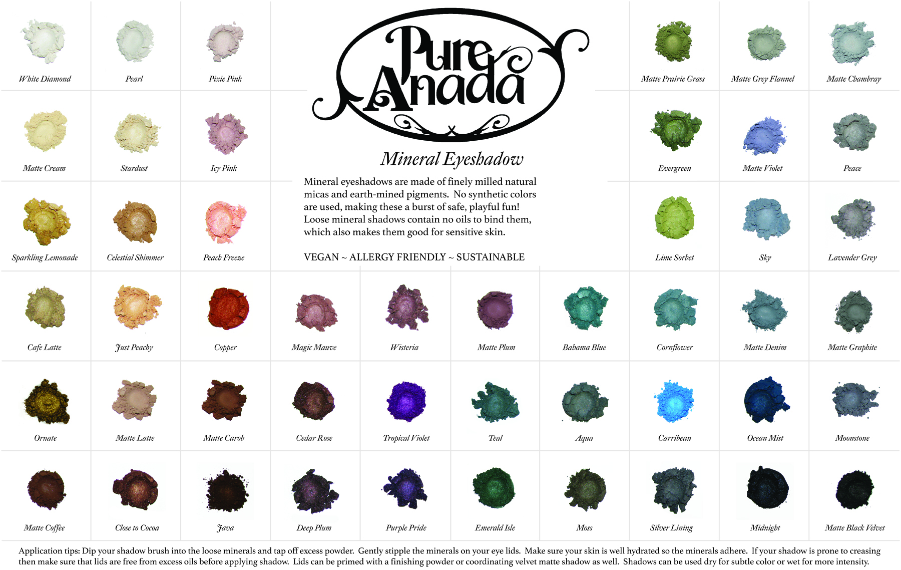 Pure Anada loose mineral eyeshadow color chart