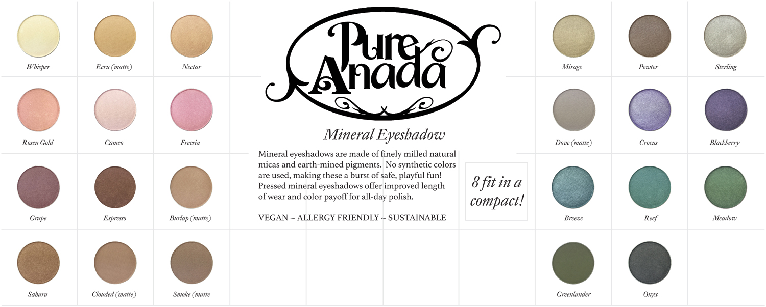 Pure Anada natural mineral eyeshadow pressed eyeshadow color chart - natural makeup for sensitive skin, cruelty free vegan makeup