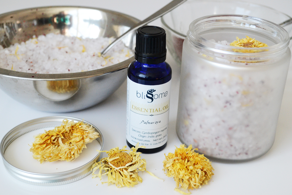 Palmarosa essential oil bath salts recipe - an aromatherapy skin care recipe to experience palmarosa oil benefits for skin health and relaxation