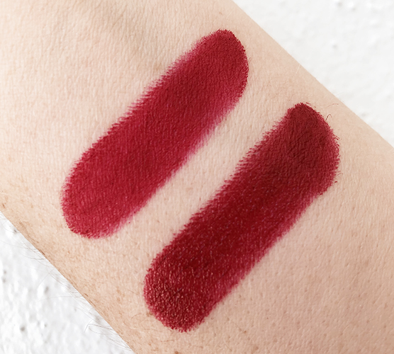 Natural red lipstick swatches from Alima Pure in the Olivia shade and Hynt Beauty in Red Fervor made with organic oils and true red color for a bold makeup look