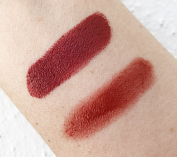 Natural vegan red lipstick swatches of the best natural red lipstick from Hynt Beauty in Pomegranate and Axiology in Strength colored with nontoxic minerals and made with organic oils 
